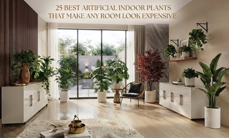 Best Artificial Indoor Plants Luxury living room interior featuring a collection of lush green artificial indoor plants in modern white pots, a wooden console table, and large glass windows overlooking an outdoor patio oasis.