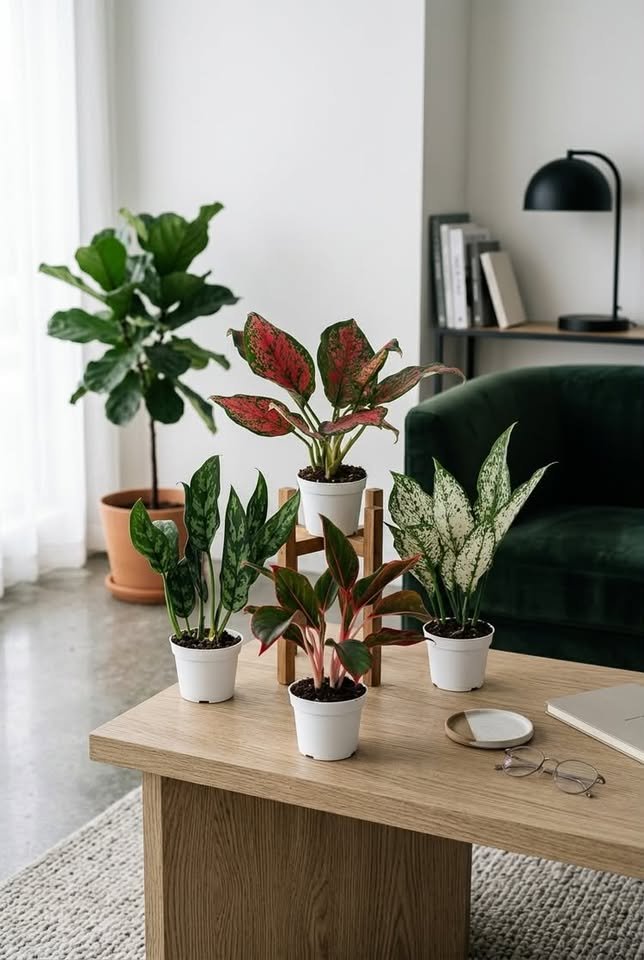 Collection of colorful Aglaonema Chinese Evergreen plants in white pots displayed on an oak table in a modern living room with a green armchair