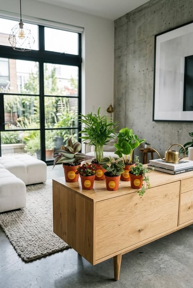 Group of small potted houseplants arranged on a mid-century oak console table in a modern living room with exposed concrete walls
