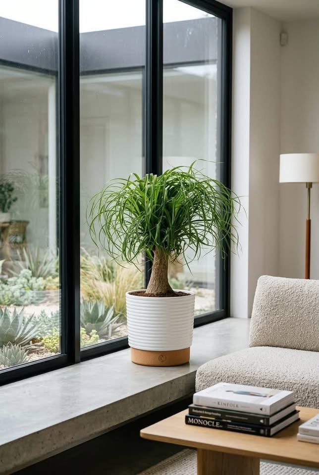 Ponytail Palm in a ribbed white planter with a cork base sitting on a concrete window ledge in a modern minimalist living room