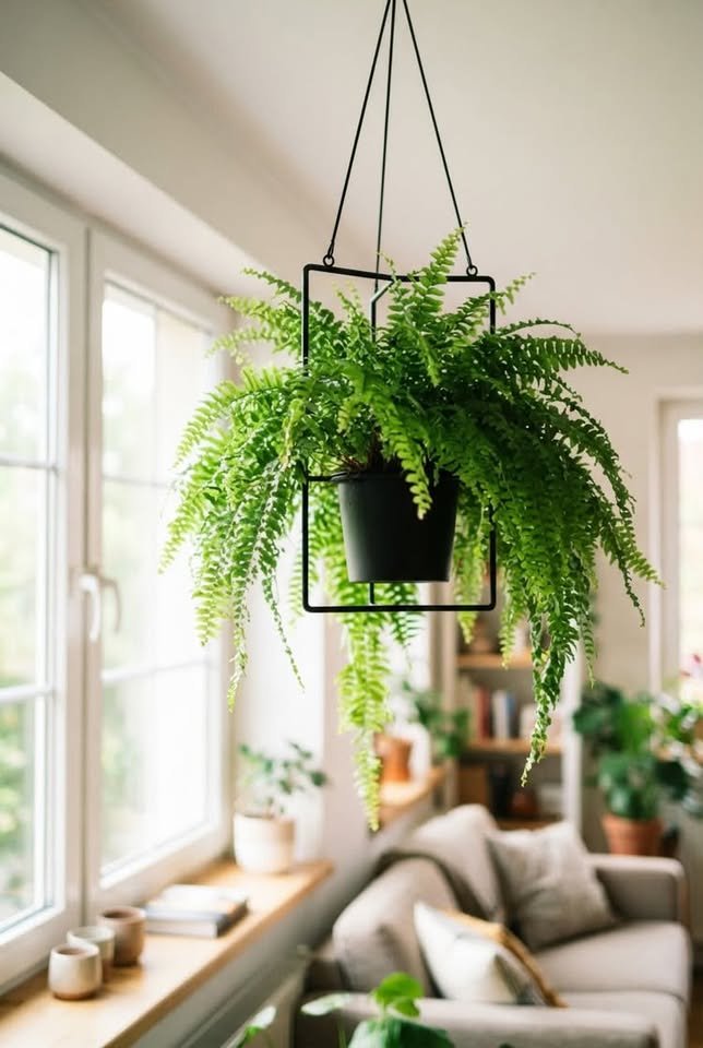 Lush green Boston fern in a modern black geometric hanging planter positioned near a bright window in a cozy living room.