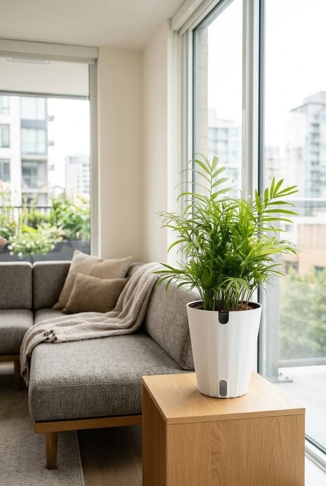  Parlor Palm in a self-watering white planter sitting on a wooden end table beside a grey sectional couch near floor-to-ceiling windows