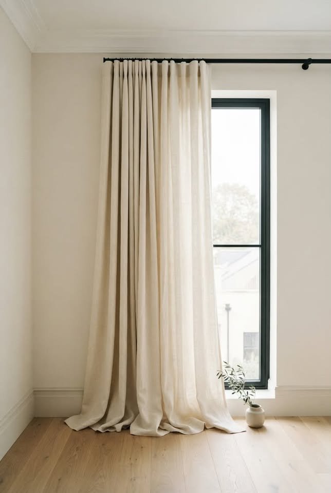  Floor-to-length cream linen curtains hanging from a black rod by a window in a bright, minimalist interior space.