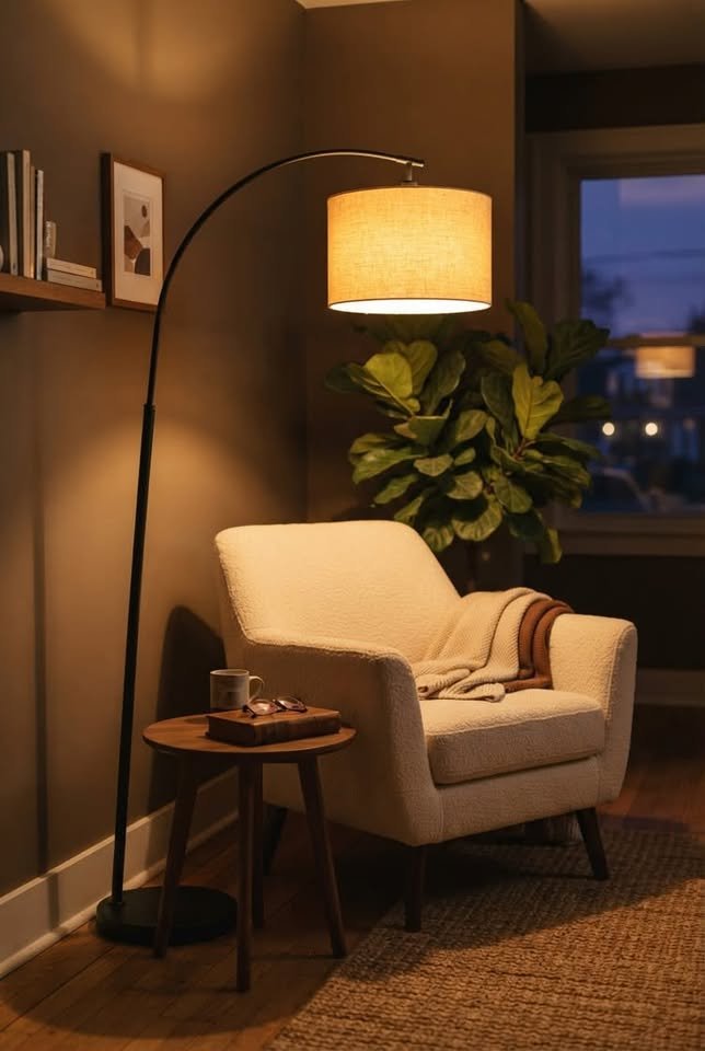 Cozy neutral living room corner featuring a modern black arch floor lamp, cream bouclé armchair, round wooden side table, and a large fiddle leaf fig plant.
