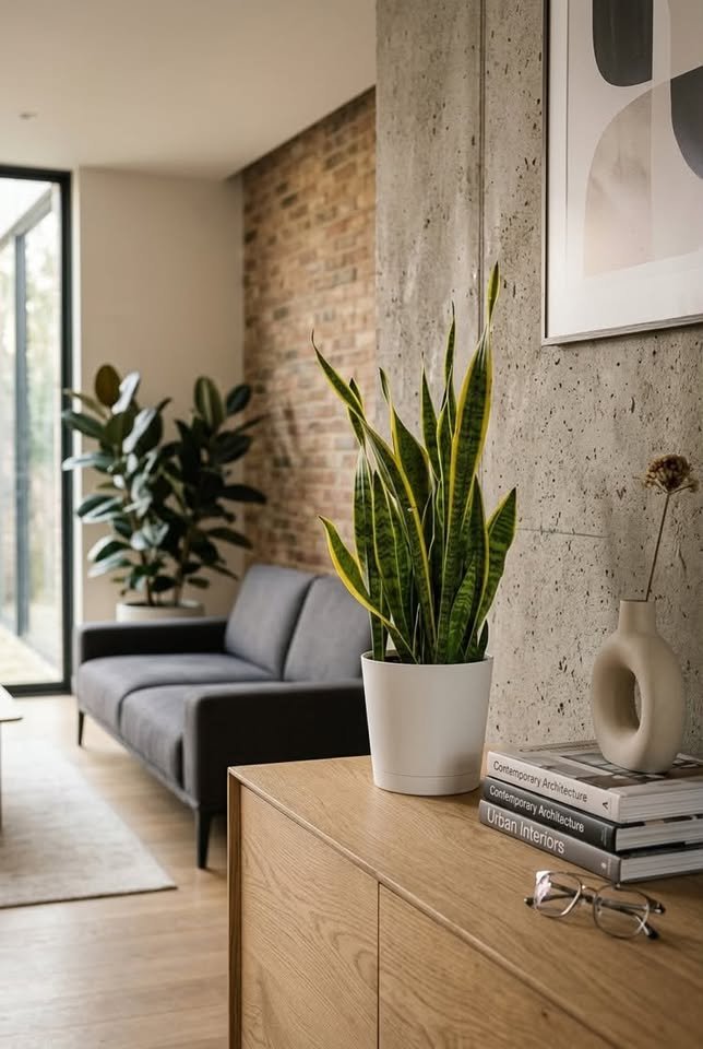  Variegated Snake Plant in a smooth white planter on a wooden console table set against a modern concrete wall backdrop