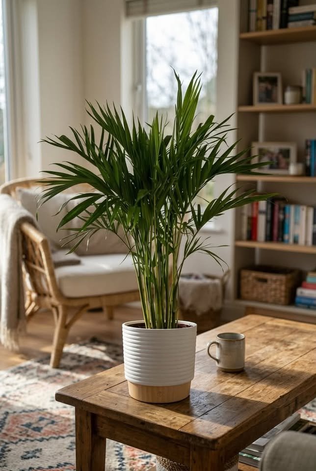 Lush green Areca Palm plant in a white ribbed planter sitting on a rustic wooden coffee table in a sunlit living room