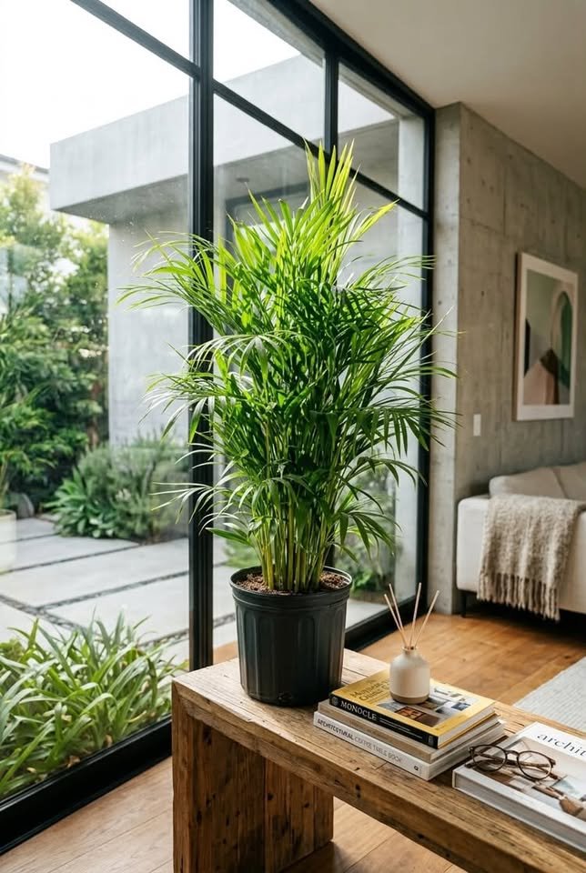 Large vibrant Areca Palm plant in a black pot on a rustic wooden bench near floor-to-ceiling glass windows