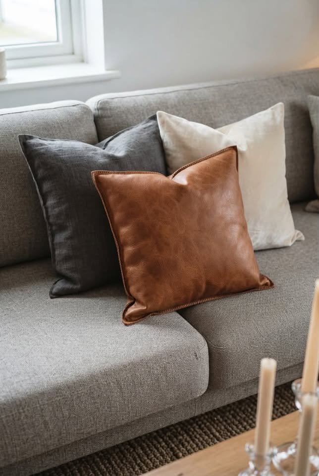 Neutral textured throw pillows in tan leather, charcoal gray, and cream styled on a modern gray fabric sofa.