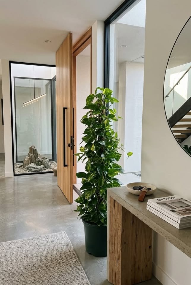 Tall Golden Pothos trained on a moss pole in a dark planter standing in a modern luxury home entryway next to a concrete console table