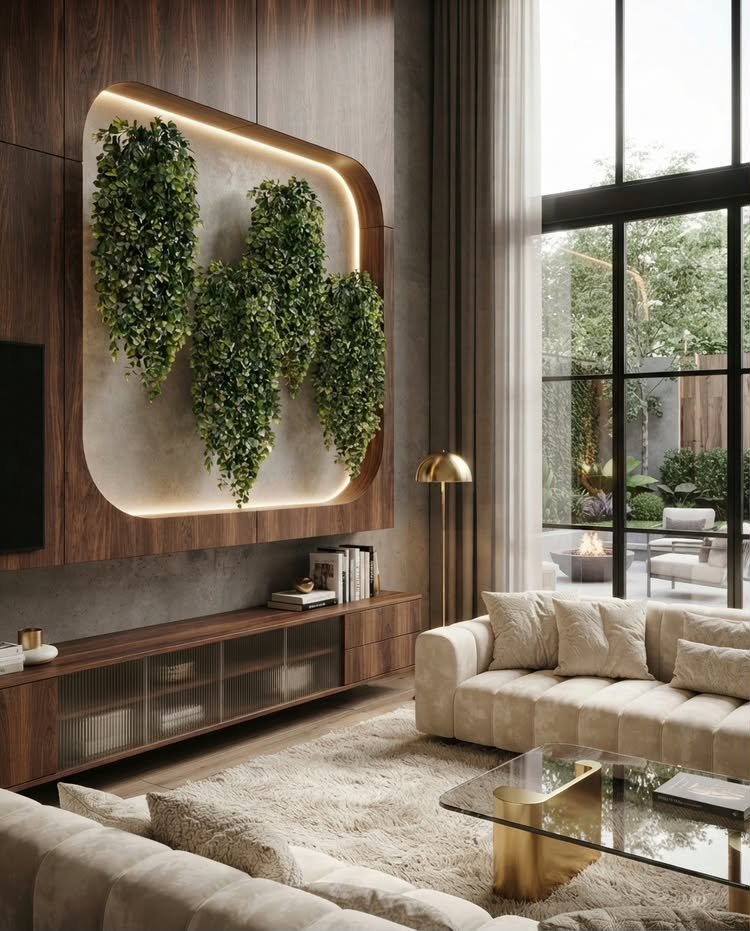 Lush artificial trailing green plants mounted inside a modern wooden recessed wall feature with warm LED perimeter backlighting above a credenza.