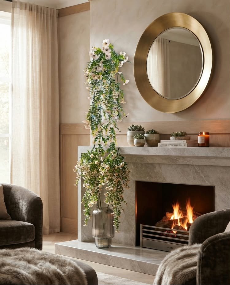 A tall glass vase on a marble fireplace hearth holding lush artificial trailing green vines with delicate white and pink flowers cascading upward and downward.