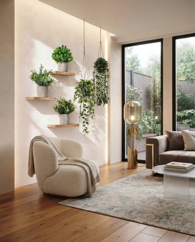 A curated gallery wall featuring staggered wooden floating shelves with small potted plants alongside cascading hanging planters, next to a textured accent wall.