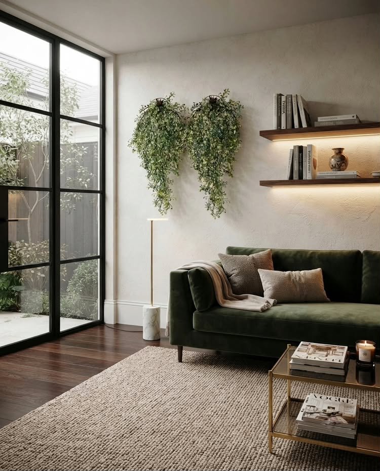 Two lush artificial trailing green plants mounted directly on a textured white wall above a sleek floor lamp, next to illuminated wooden floating shelves and a deep green velvet sofa.
