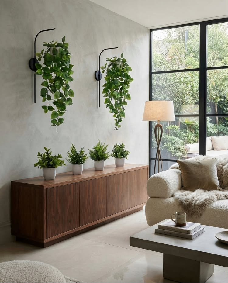 Two artificial trailing green plants hung from modern black wall sconce brackets above a long wood credenza lined with small potted plants.