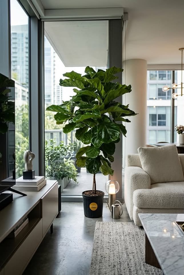 Large Fiddle Leaf Fig tree in a black nursery pot standing in a modern high-rise living room corner near floor-to-ceiling windows