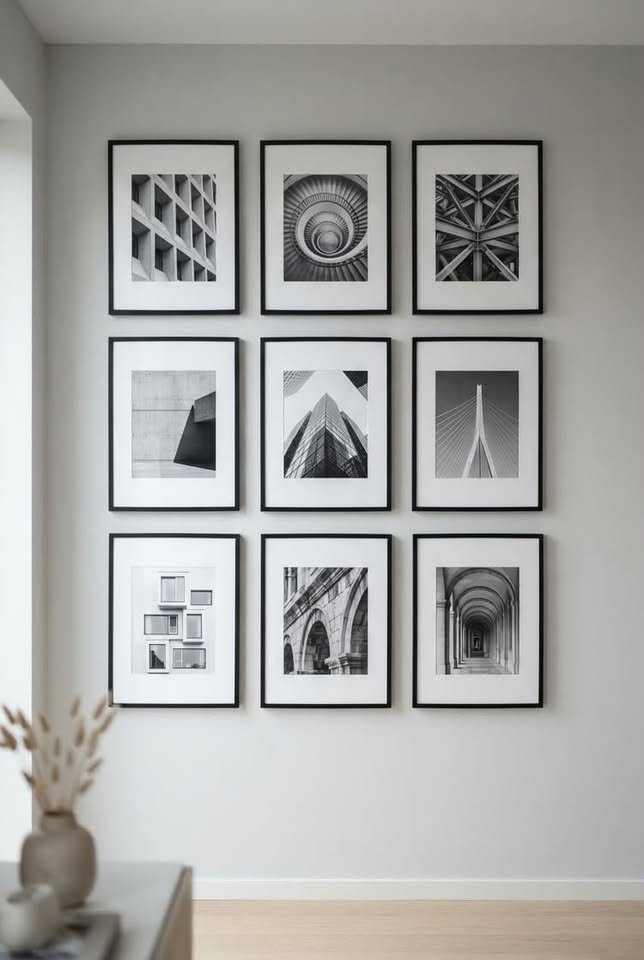 Gallery wall featuring a symmetrical grid of nine black and white architectural photography prints in black frames with white mats.