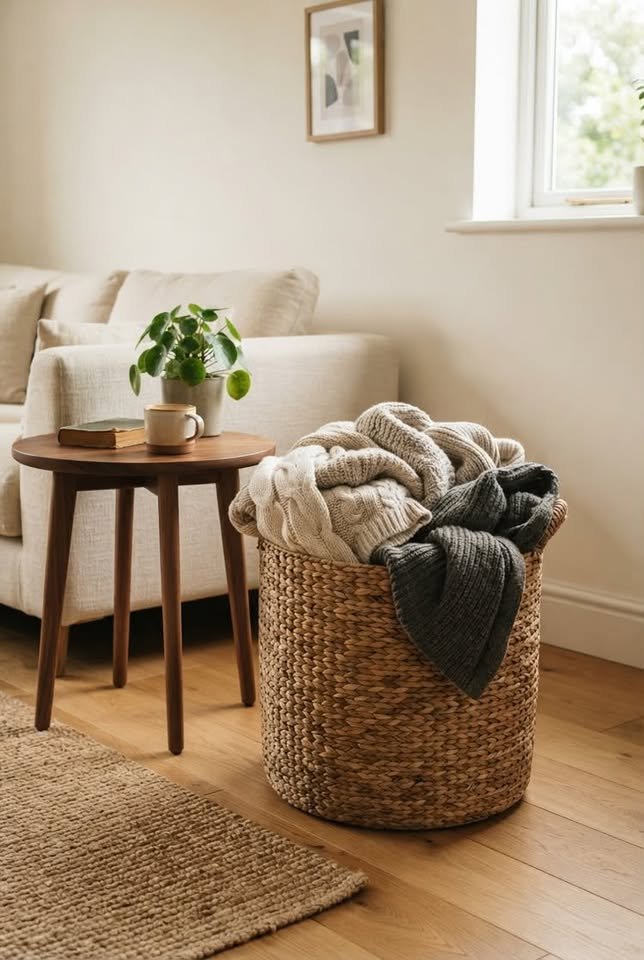 Cozy living room corner featuring a large woven basket filled with chunky knit throw blankets next to a modern wooden side table and sofa.