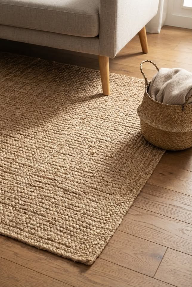 Natural woven jute area rug on hardwood flooring next to a modern cream sofa and a woven basket with a soft blanket.