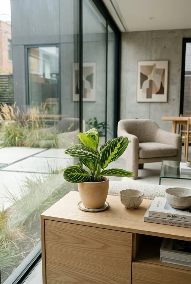 Lemon Lime Prayer Plant in a warm terracotta pot sitting on a light oak sideboard near large glass patio windows