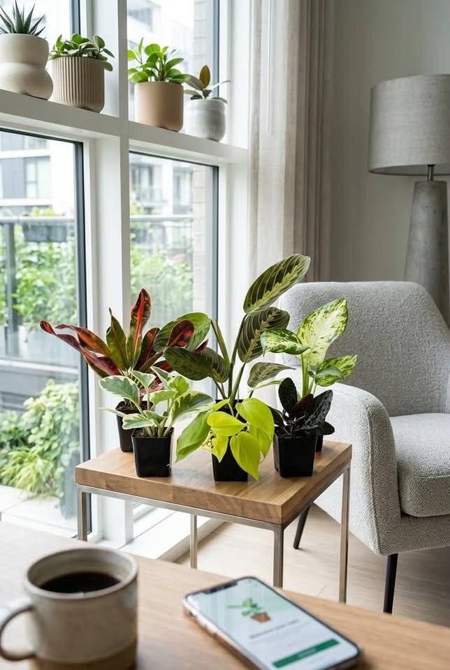 Assorted small potted tropical plants arranged on a wooden side table by a bright sunlit window near a grey armchair