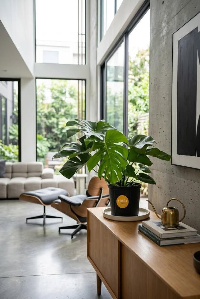 Lush Monstera Deliciosa in a black pot set on a mid-century wooden sideboard in a high-ceiling modern open-plan home