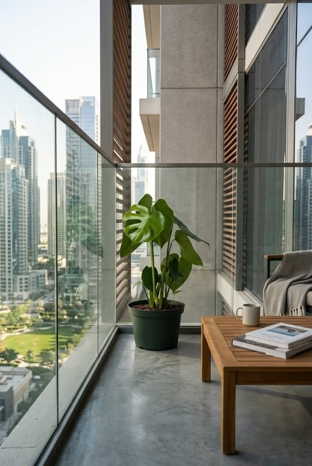 Monstera Deliciosa plant in a dark green planter set on a luxury apartment balcony overlooking high-rise city views
