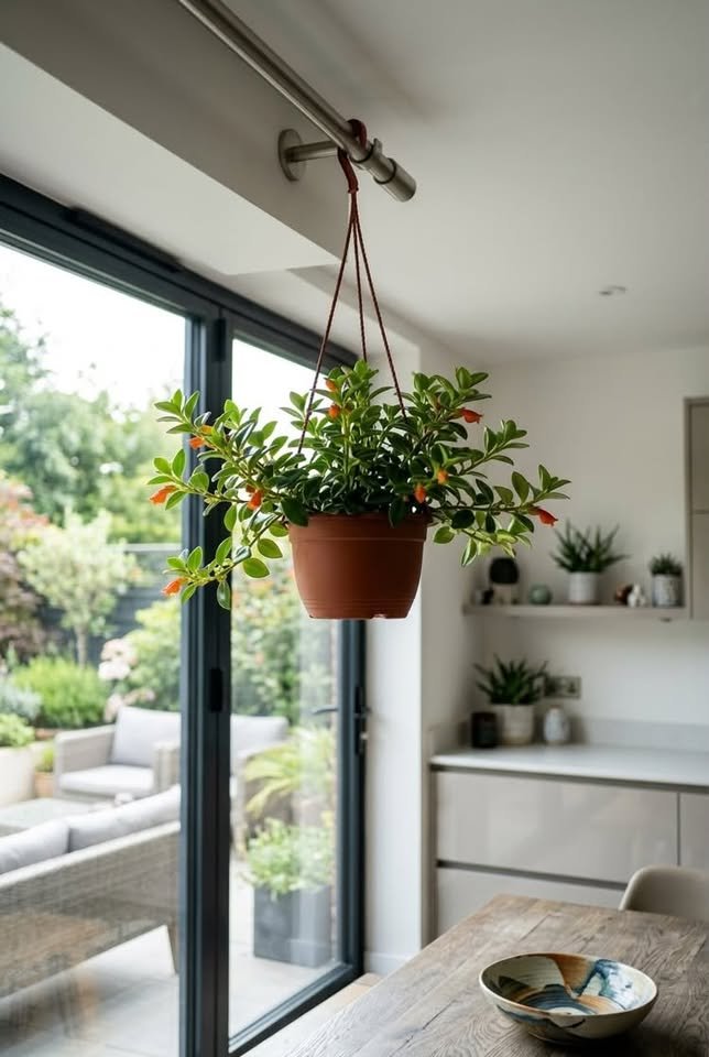 Hanging Goldfish Plant with orange blooms in a terracotta pot near patio doors in a modern kitchen dining area