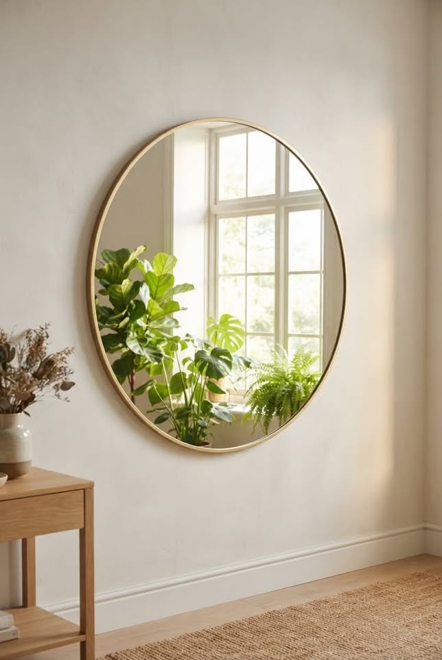 Large round wall mirror with a thin brass frame hanging in a bright, minimalist living room reflecting natural light and indoor plants.