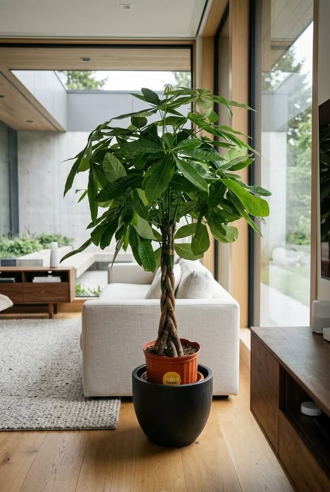 Large braided Money Tree plant in a black planter sitting next to a white couch in a modern open-plan living room