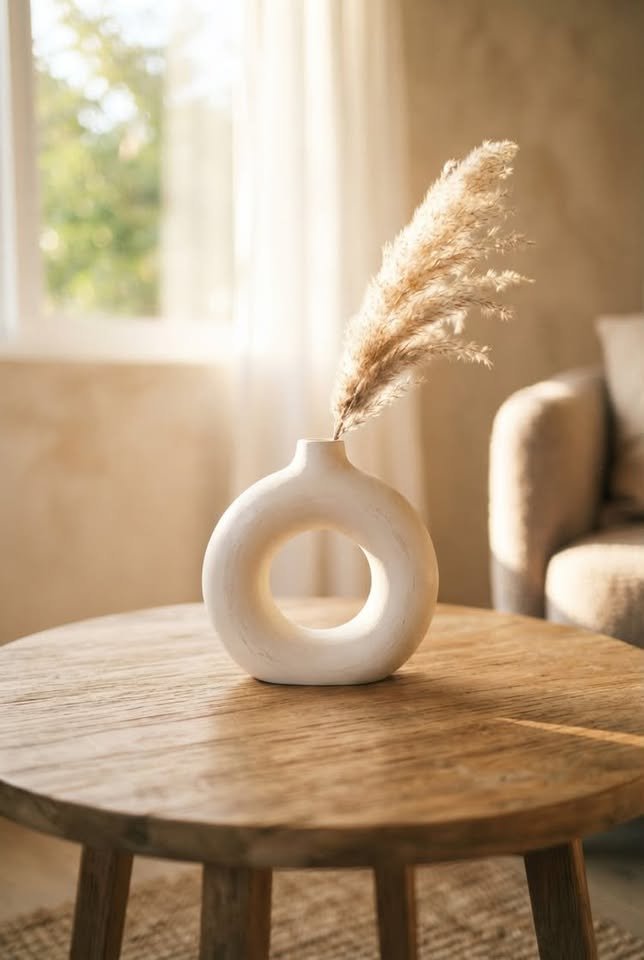 Minimalist round donut vase in matte white ceramic styled with fluffy pampas grass on a rustic wooden coffee table.