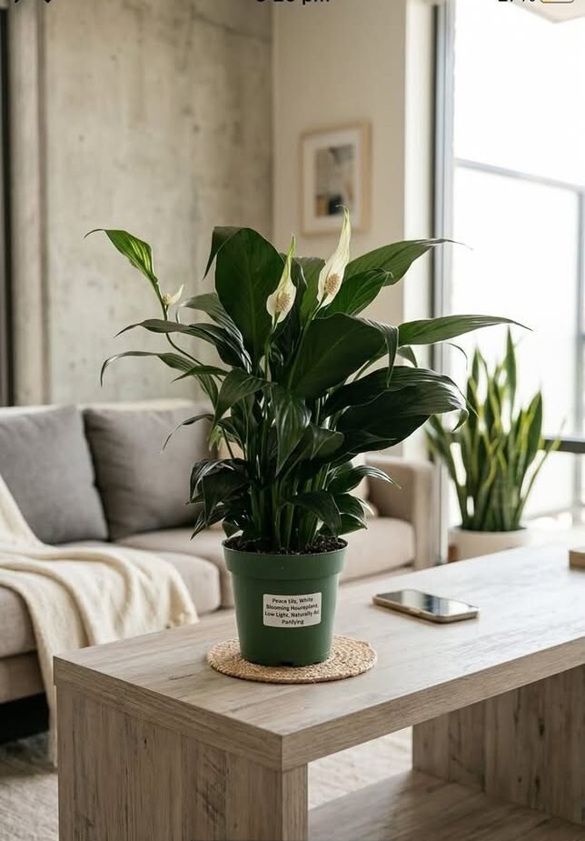  White blooming Peace Lily plant in a green planter on a wooden coffee table in a modern living room setting