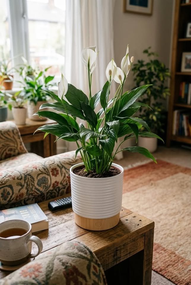 Blooming Peace Lily plant with elegant white flowers in a modern white planter on a wooden coffee table in a cozy living room