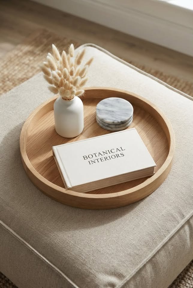 Round wooden tray styled on a neutral fabric pouf with a small white vase of dried bunny tail grass, a book titled Botanical Interiors, and marble coasters.