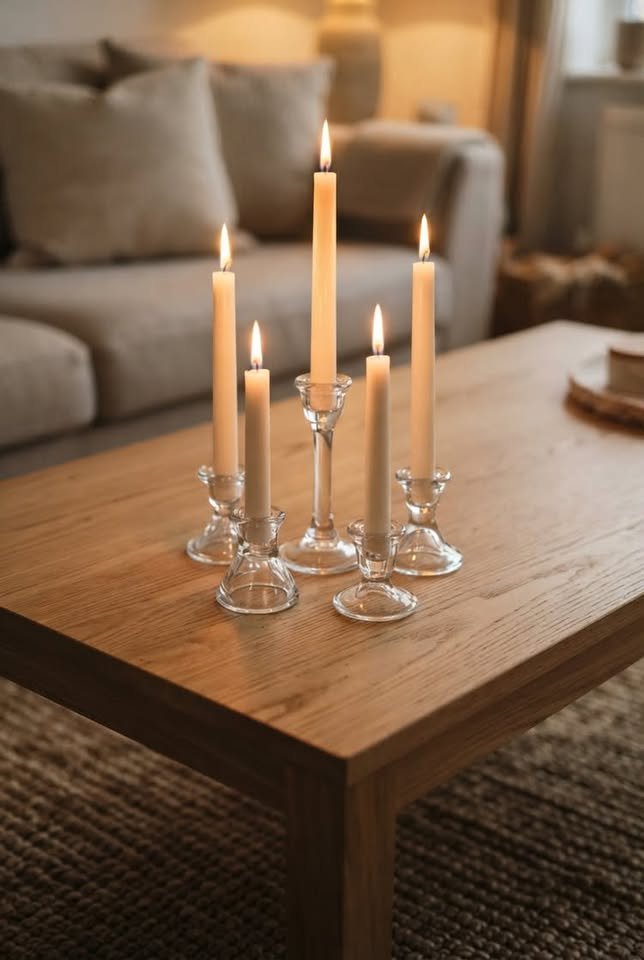 Minimalist wooden coffee table styled with a centerpiece of tall ivory taper candles in clear glass candle holders.