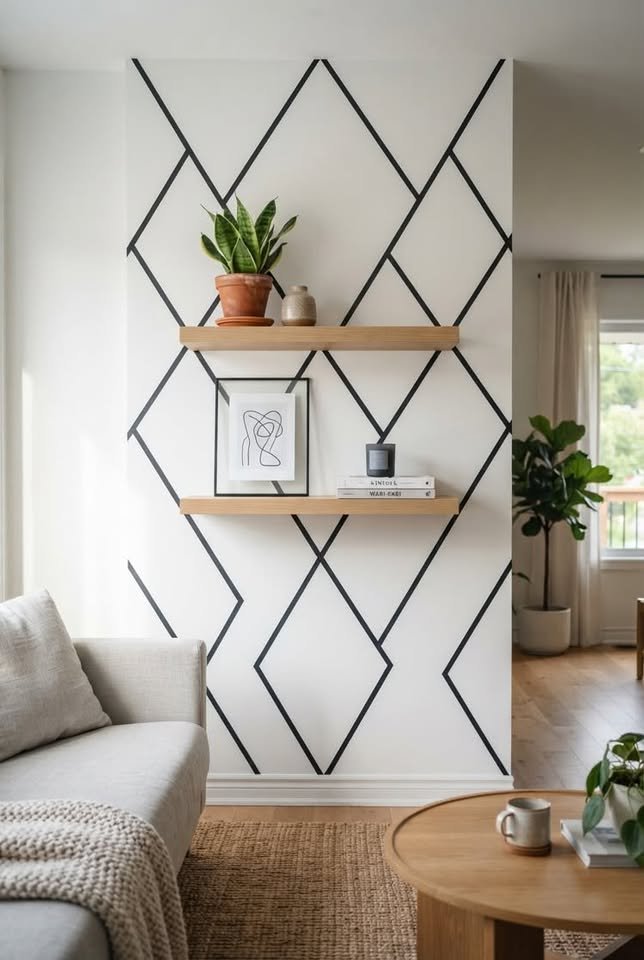 Accent wall with geometric black painted lines, styled floating wooden shelves, potted plants, and modern home decor books
