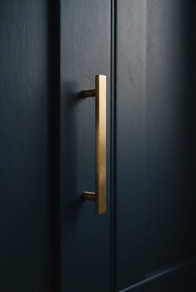 Modern matte dark blue cabinet door with a sleek, brushed brass handle pull for luxury kitchen or wardrobe design.