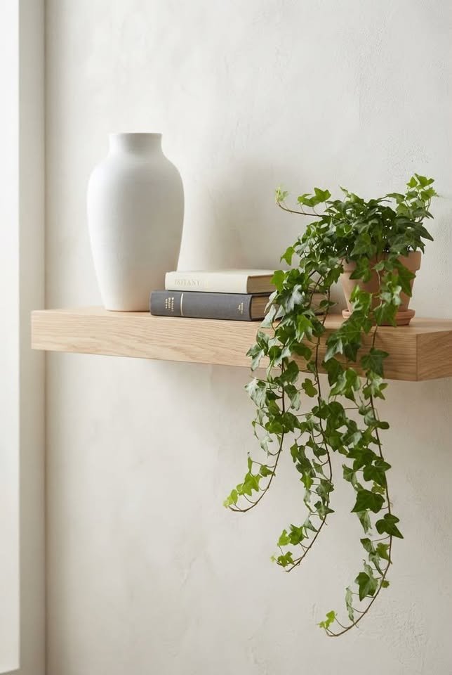 Floating oak wall shelf styled with a trailing green ivy plant, a white ceramic vase, and decorative hardcover books.