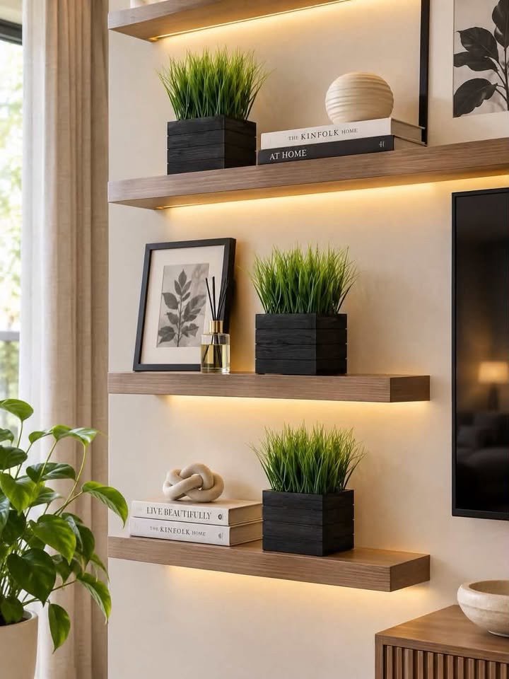 Artificial grass-style greenery in black planters displayed on modern floating wooden shelves