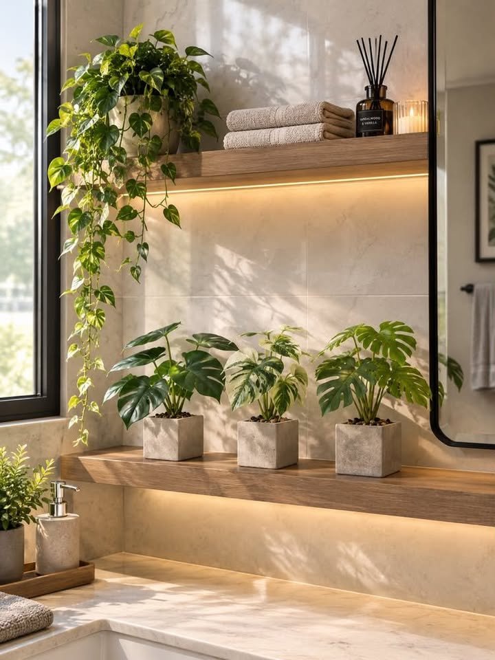 Artificial Monstera-style plant in a decorative pot displayed on a modern wooden shelf