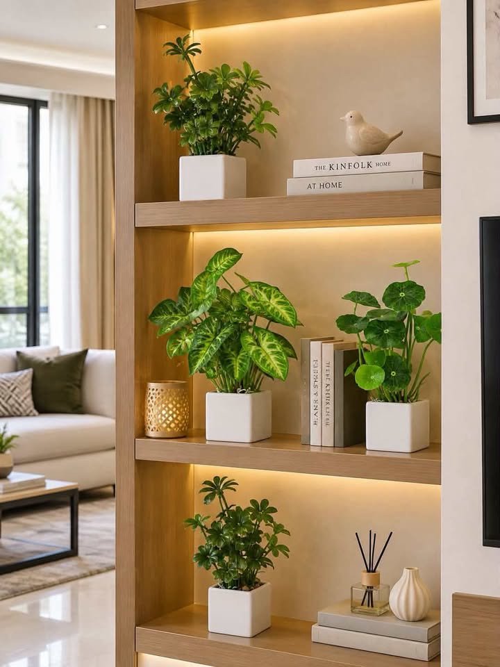 Compact artificial plants and neutral decor styled on open wooden shelves in a small modern apartment