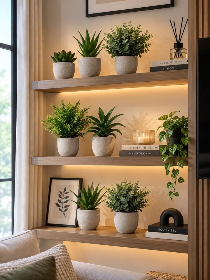 Built-in wooden wall shelves decorated with artificial plants, books, neutral vases, and modern home accessories