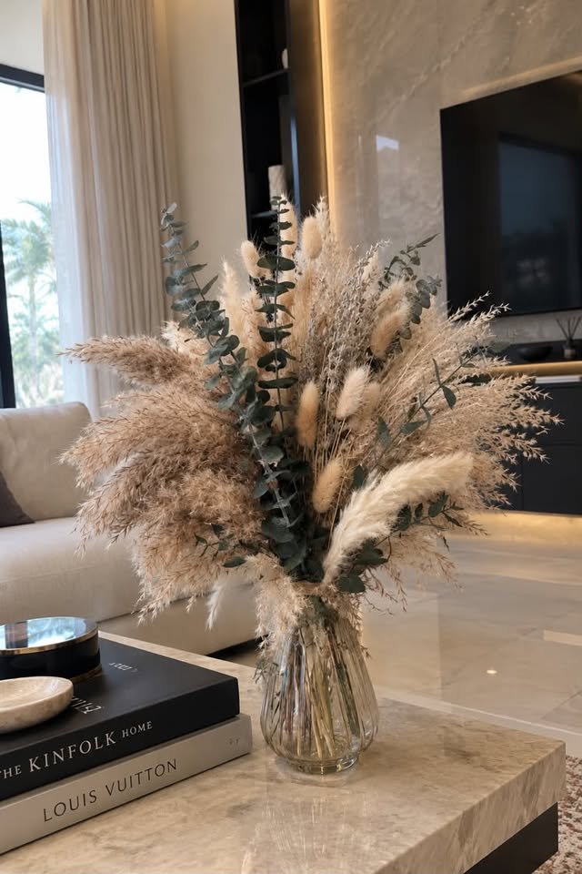  Textured artificial pampas grass bouquet blended with green eucalyptus stems and bunny tails in a fluted clear vase on a coffee table.