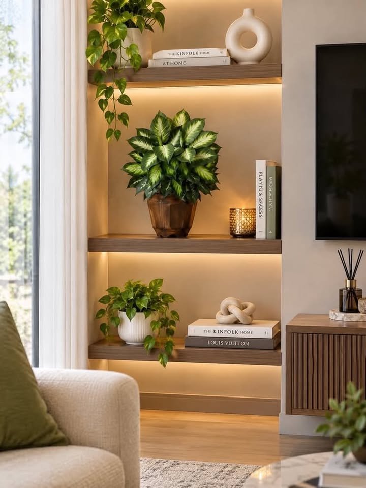 Artificial plants, books, candles, and ceramic decor arranged on wooden shelves in a cozy living room