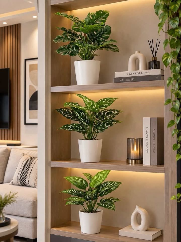 Minimalist artificial plants in white ceramic pots styled on modern built-in wooden shelves