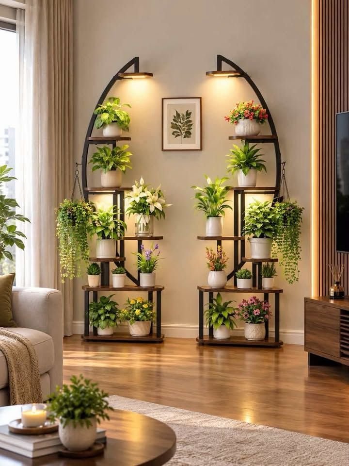 Multi-tier metal plant stand displaying various artificial plants in a modern living room corner
