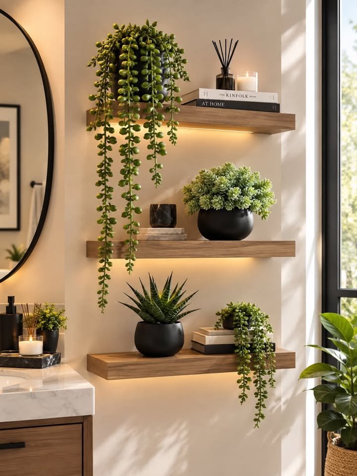 Floating wooden shelves with under-cabinet LED strip lighting featuring String of Pearls succulent and potted house plants in a bathroom