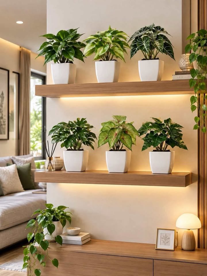 Matching artificial tropical plants in white planters arranged symmetrically on floating wooden shelves