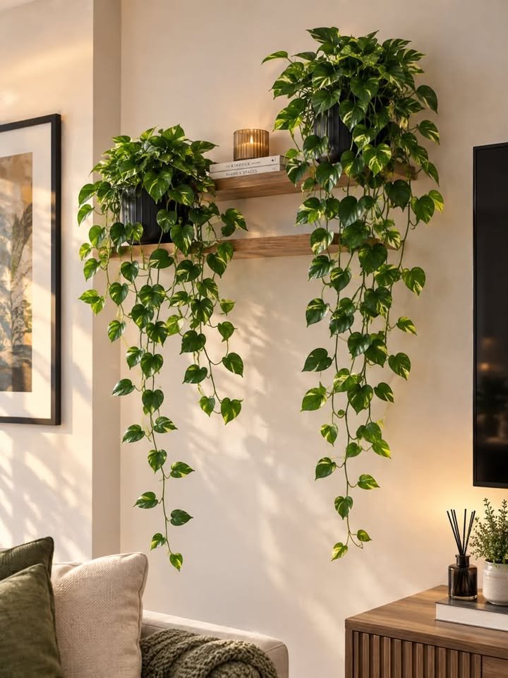 Lush Golden Pothos plants with long trailing vines on wooden wall shelves in a living room