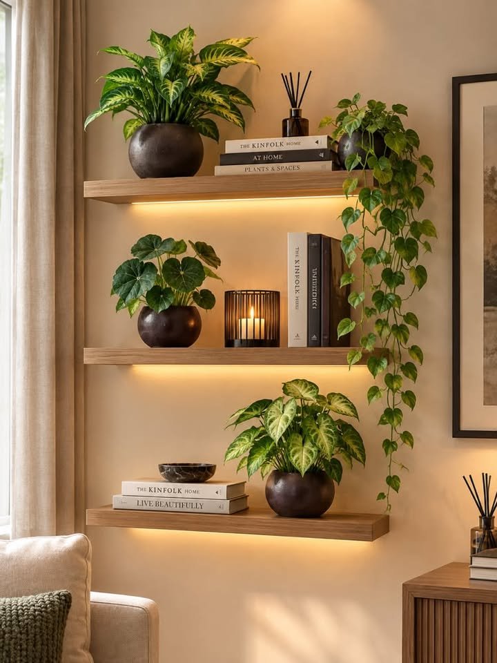 Artificial indoor plants, books, and warm LED lighting styled on wooden floating shelves in a cozy living room