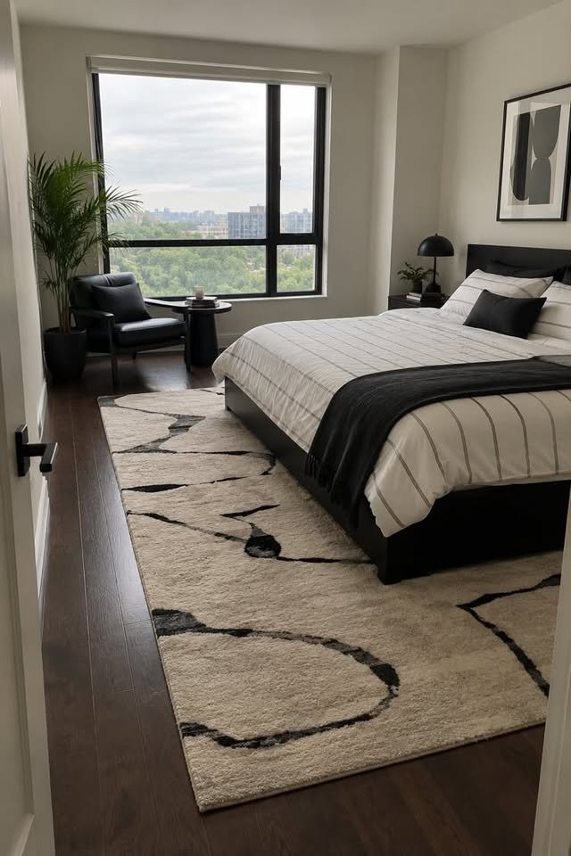  Black and white bedroom with a large patterned rug under a modern black bed